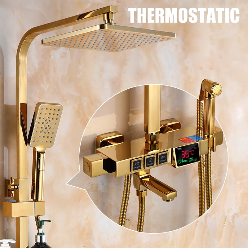 Golden Shower Set Bathroom Smart Digital System Wall Mount Thermostatic Bath Faucet Spa Rainfall