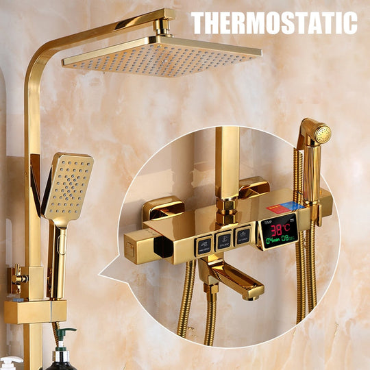 Golden Shower Set Bathroom Smart Digital System Wall Mount Thermostatic Bath Faucet Spa Rainfall