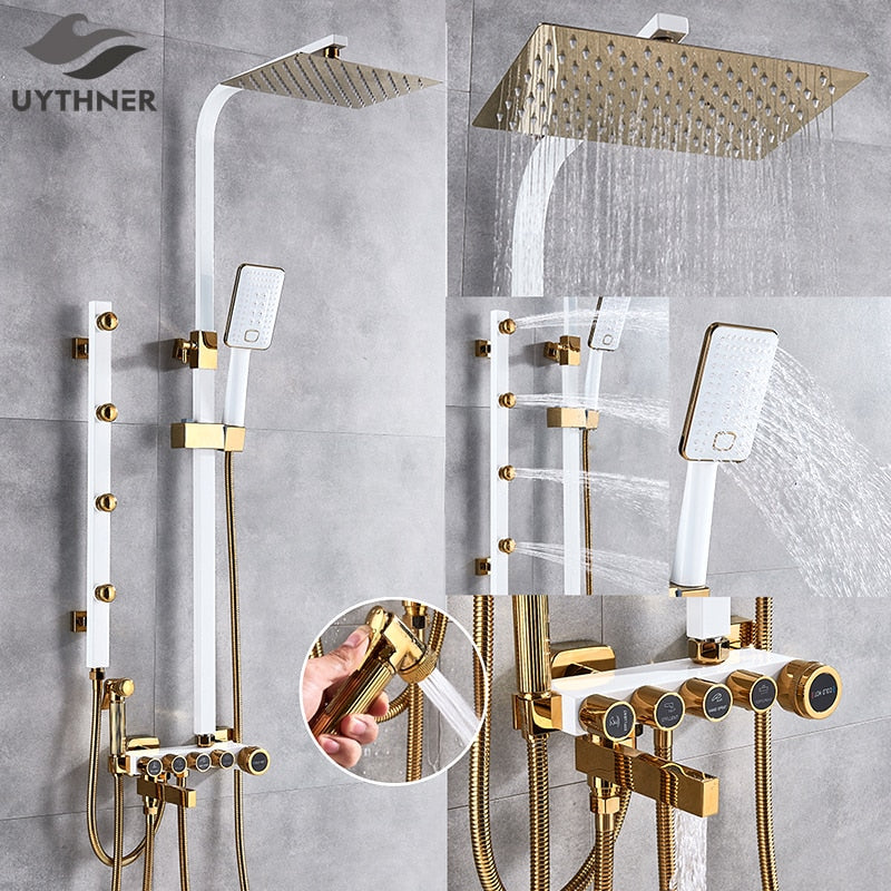 Luxury White Gold Shower Faucet Set 5 - Function Switch Wall Mount Rain Head With Hand Bathtub