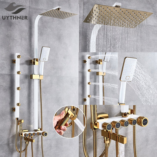 Luxury White Gold Shower Faucet Set 5 - Function Switch Wall Mount Rain Head With Hand Bathtub