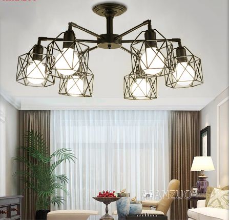 American Black Dendron Iron Cage Ceiling Lamp Kitchen Bedroom Living Room Modern Chandelier