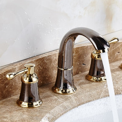 Bathroom Gold Lavatory Widespread Faucet Hot And Cold Three Holes Sink Mixer 8 Inch Sink Gold