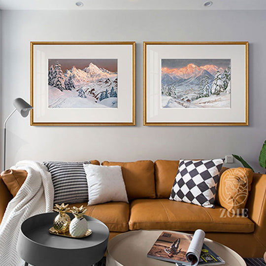 Nordic Snow Mountain Landscape Posters: Modern White Border Wall Art Painting