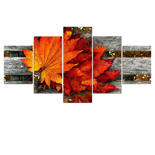 Five - Piece Hd Printed Maple Leaf Canvas Painting: Modern Modular Artwork For Living Room Size - 1