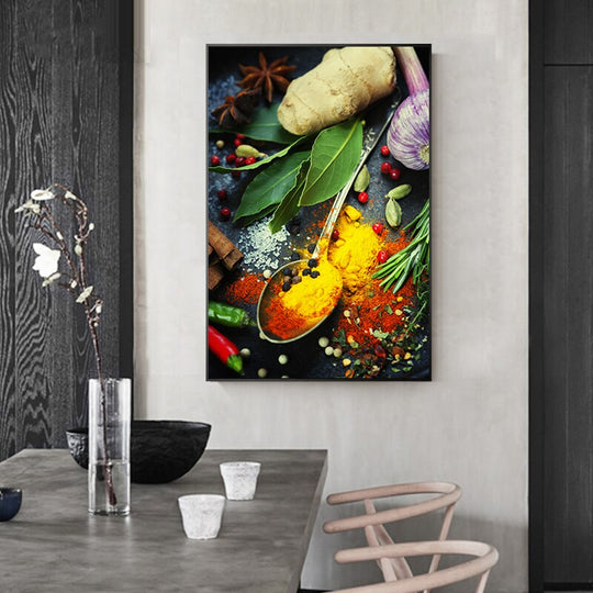 Grains Spices And Spoon Canvas Oil Painting: Kitchen Wall Art Painting