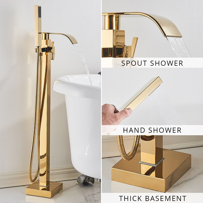 Floor Mounted Bathtub Faucet Set Gold Bath Tub Hot And Cold Water Shower Mixer Tap Waterfall Stand