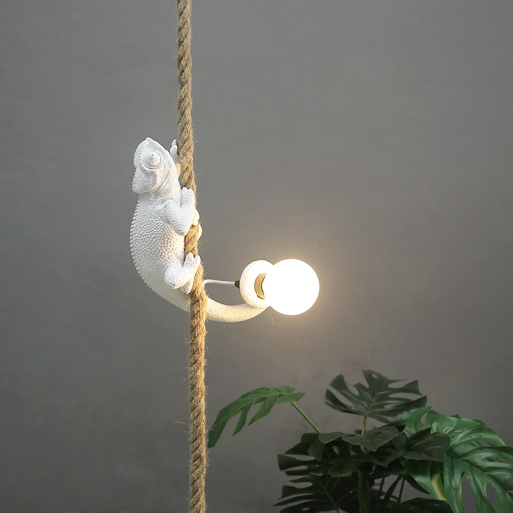 Artistic Resin Chameleon Pendant Light - White Hemp Rope Lamp For Living Room Study Unique Led