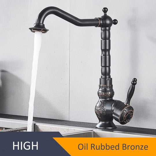 Antique Brass Bathroom Basin Carved Faucet Long Nose Spout Wash Sink Tap 360 Rotation Single Handle