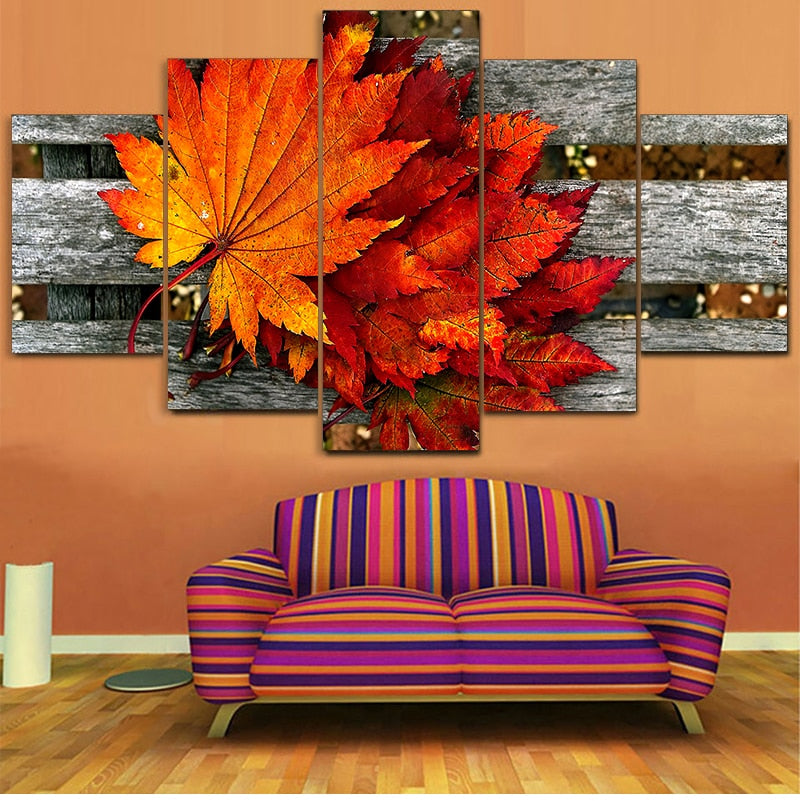 Five - Piece Hd Printed Maple Leaf Canvas Painting: Modern Modular Artwork For Living Room Wall