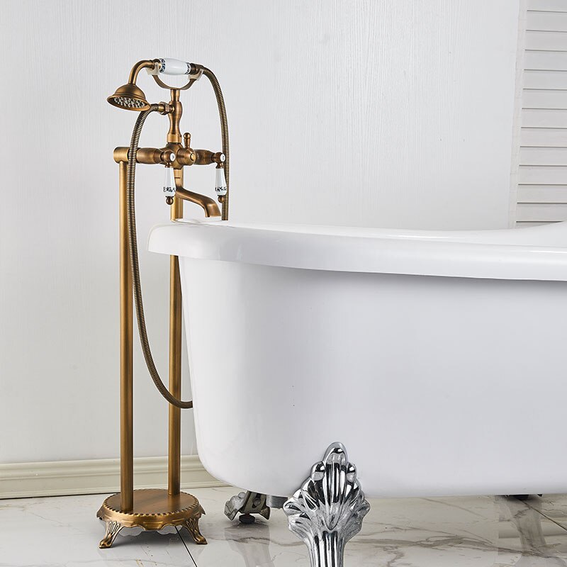 Gold Bathtub Shower Faucet Deck Mount Dual Tube Hot Cold Mixer Systems With Rainfall Handheld Floor