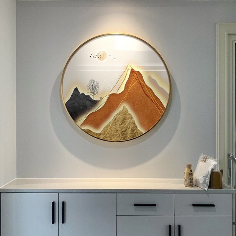 Modern Scandinavian Mountain Landscape Round Canvas Poster Print Wall Painting