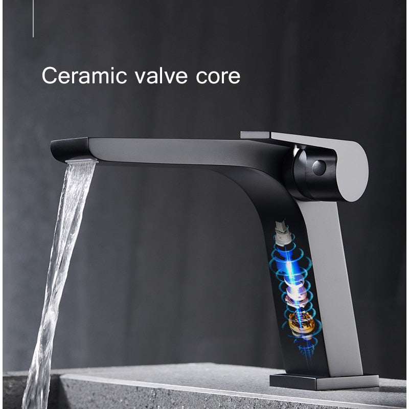 Gun Grey Basin Faucet Brass Bathroom Waterfall Hot And Cold Water Mixer Tap Single Handle Crane