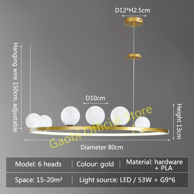 Modern Simple Moon Chandelier Lighting 3D Printing Black Or Gold Creative Led Hanging Lamp For