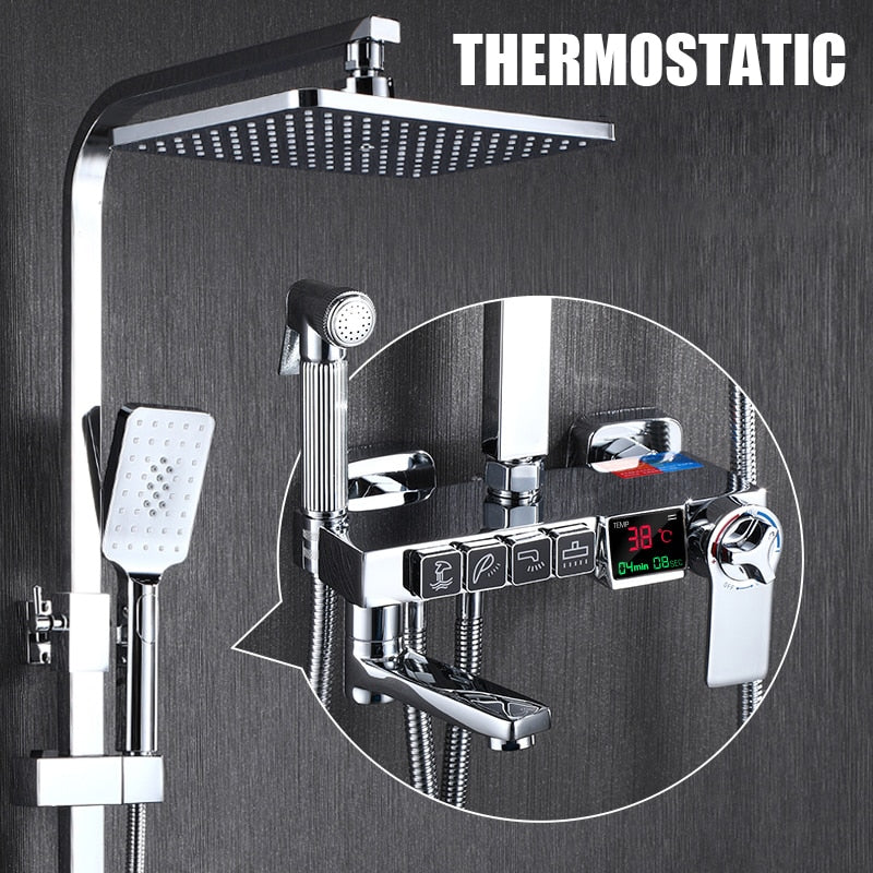 Golden Shower Set Bathroom Smart Digital System Wall Mount Thermostatic Bath Faucet Spa Rainfall