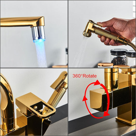 Kitchen Faucet Golden Brass Tap Bathroom Deck Mounted Pull Out Sprayer Gun Led Spout Hot And Cold