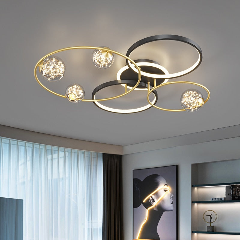 Modern Simple Black Gold Round Led Chandelier Minimalist Decor Living Room Lamp Lighting Ceiling