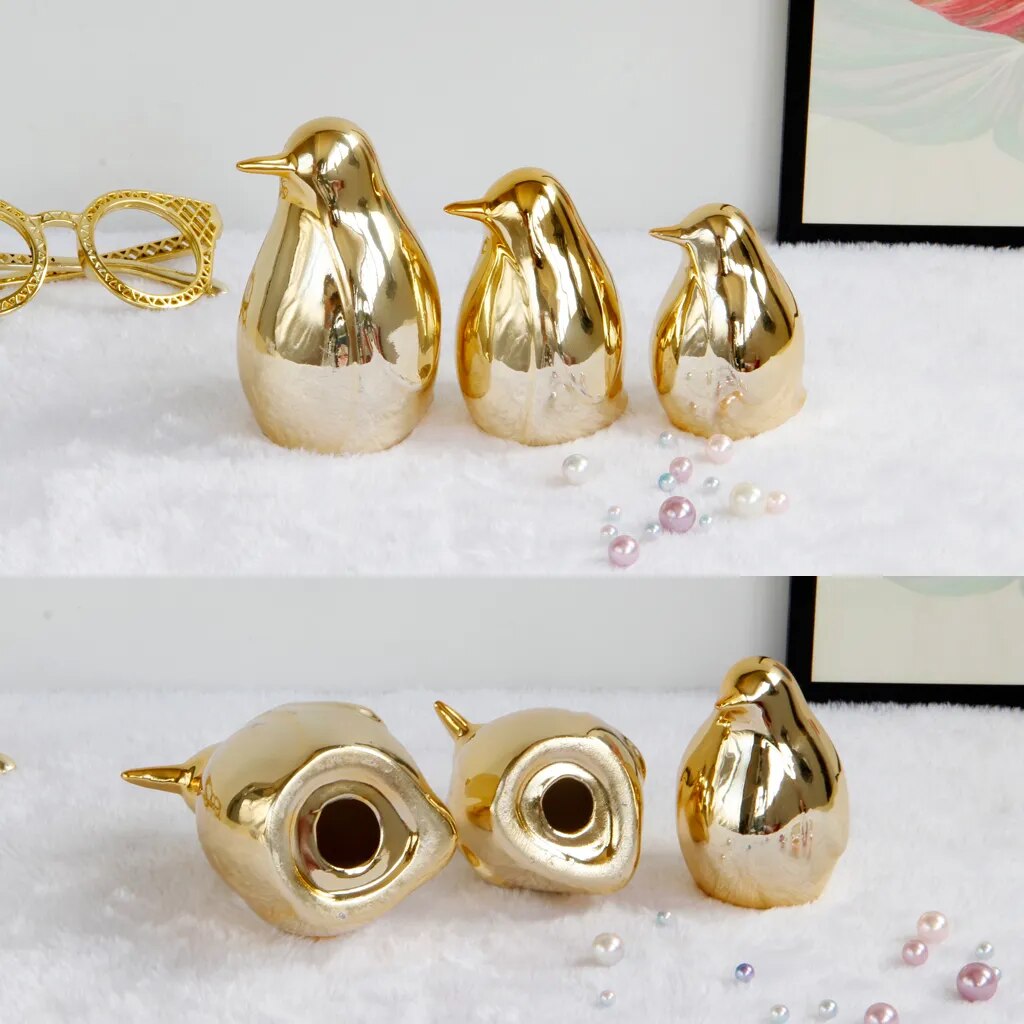 Gold Ceramic Penguin Fake Animal Statue - Funny Sculpture Ornaments Décor Indoor Outdoor Yard Art