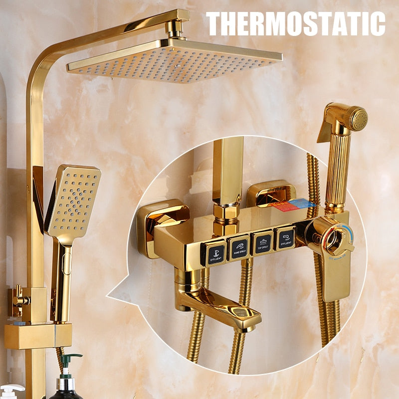 Golden Shower Set Bathroom Smart Digital System Wall Mount Thermostatic Bath Faucet Spa Rainfall