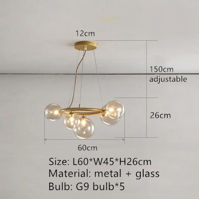 Modern Design Led Transparent Glass Ball Gray White Hanging Pendant Light 5 Balls / Gold Metal Warm