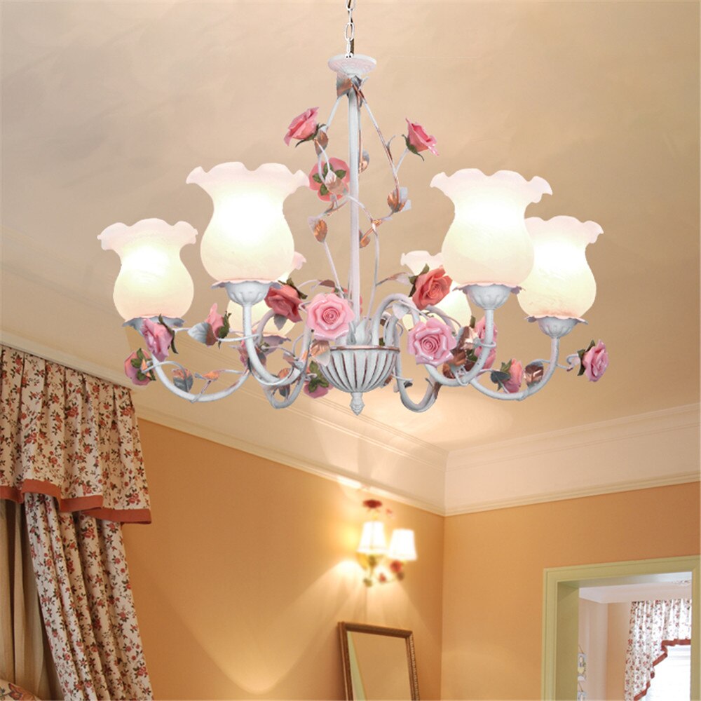 Floral E27 Led Chandelier White Flower Iron Alloy Chandeliers Dining Living Room Rose Lights Lamp