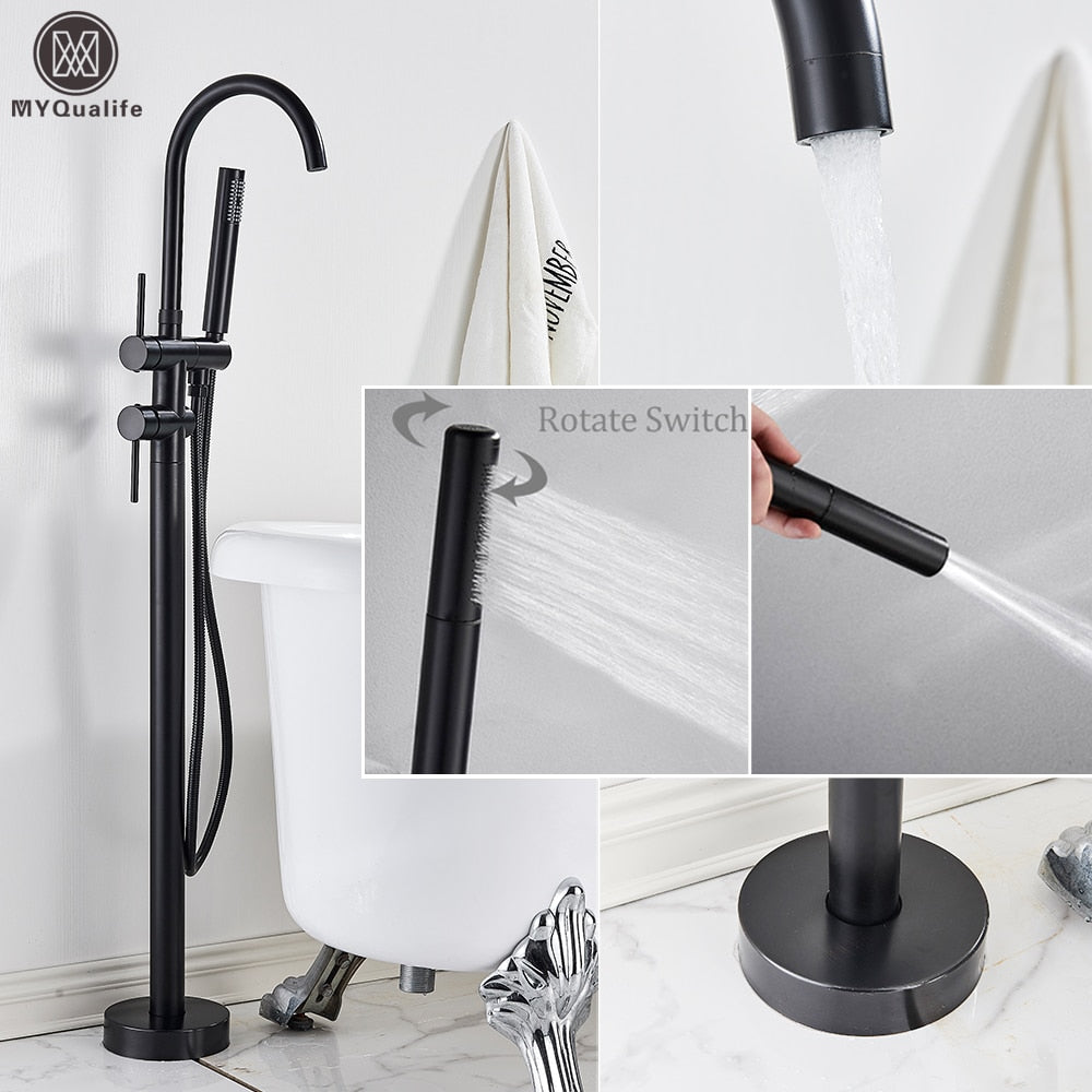 Floor Mounted Chrome Bath Tub Faucet Clawfoot Free Standing Mixer Tap With Handshower Single Lever