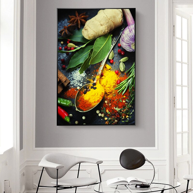 Grains Spices And Spoon Canvas Oil Painting: Kitchen Wall Art Painting