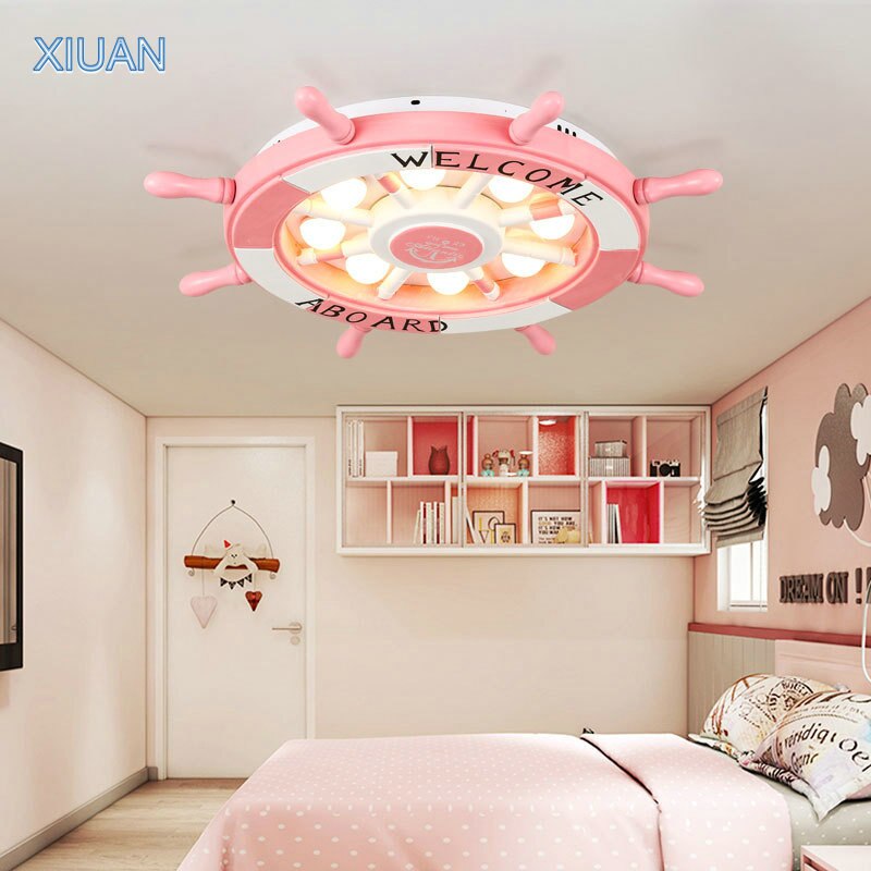 Mediterranean Decoration Kids Room Chandeliers Wooden Rudder 3 Color Temperature Led Pink Sky Blue