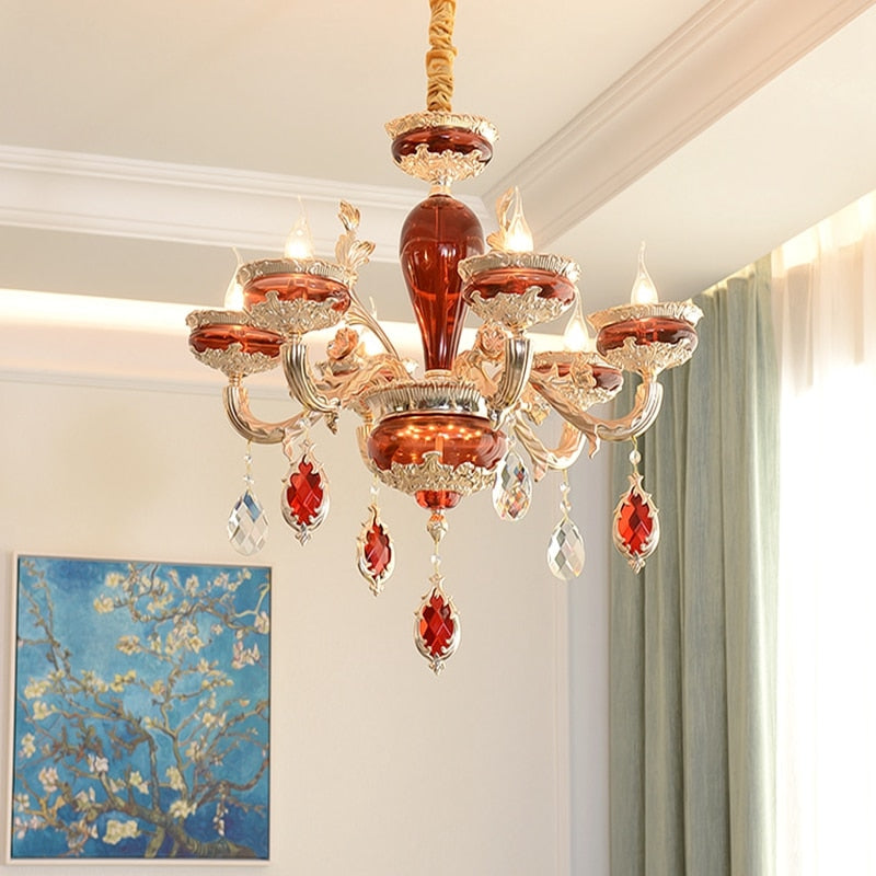 Modern European K9 Crystal Zinc Alloy Rose Golden Red Chandeliers 6/8/10 Lights Dinning Room Living