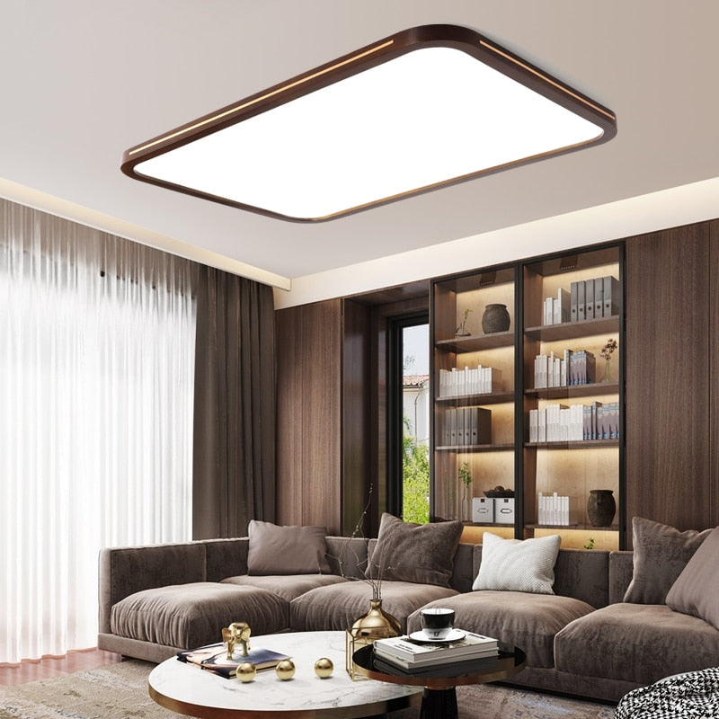 Ultra - Thin Solid Wood Living Room Chandeliers Modern Bedroom Lamp Rectangular Walnut Color Copper