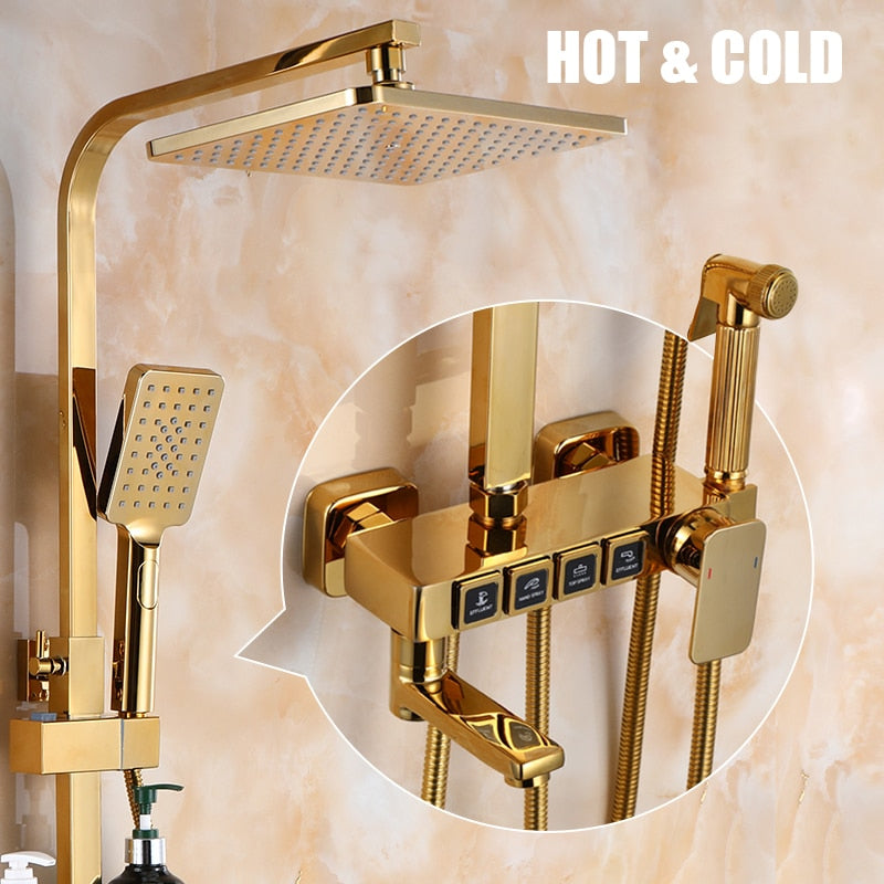 Golden Shower Set Bathroom Smart Digital System Wall Mount Thermostatic Bath Faucet Spa Rainfall