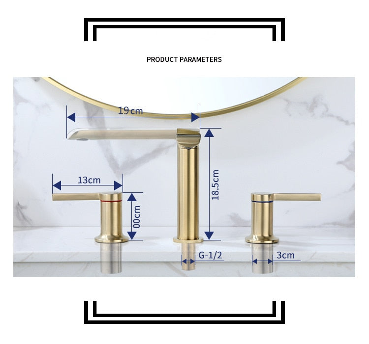 Brushed Gold Bathroom Widespread Basin Faucets Soild Brass Sink Mixer Hot & Cold Lavatory Crane