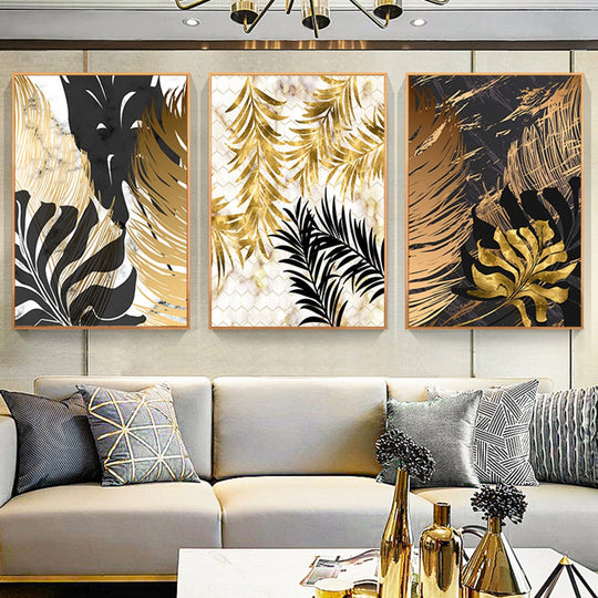 Golden Leaf & Marble Nordic Canvas - Abstract Modern Art For Home Decor Printings