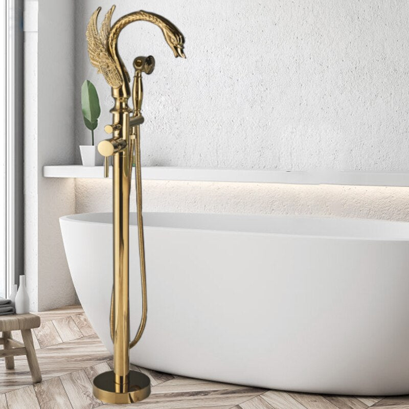 Luxury Golden Bathtub Faucet Swan 2 Features Hot And Cold Floor Standing Shower Faucet Faucets