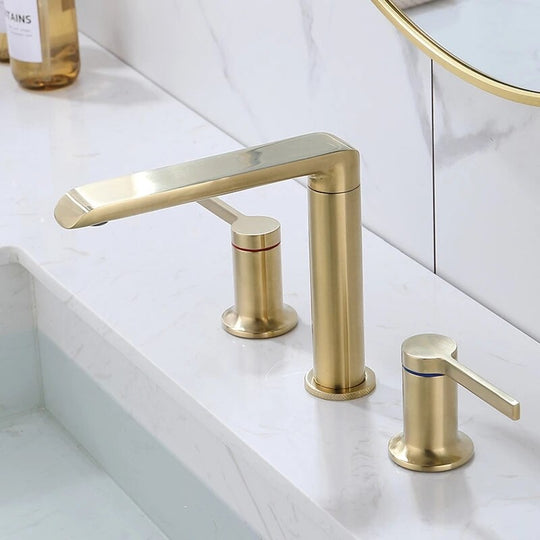 Brushed Gold Bathroom Widespread Basin Faucets Soild Brass Sink Mixer Hot & Cold Lavatory Crane
