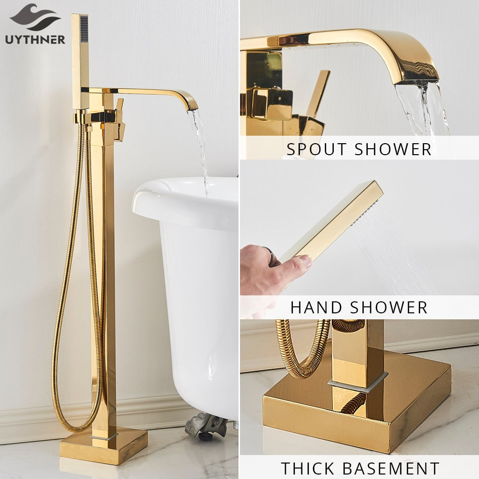 Floor Mounted Bathtub Faucet Set Gold Bath Tub Hot And Cold Water Shower Mixer Tap Waterfall Stand