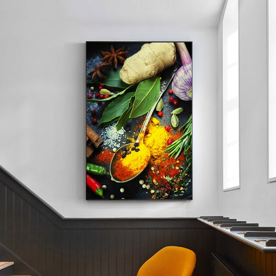 Grains Spices And Spoon Canvas Oil Painting: Kitchen Wall Art Painting