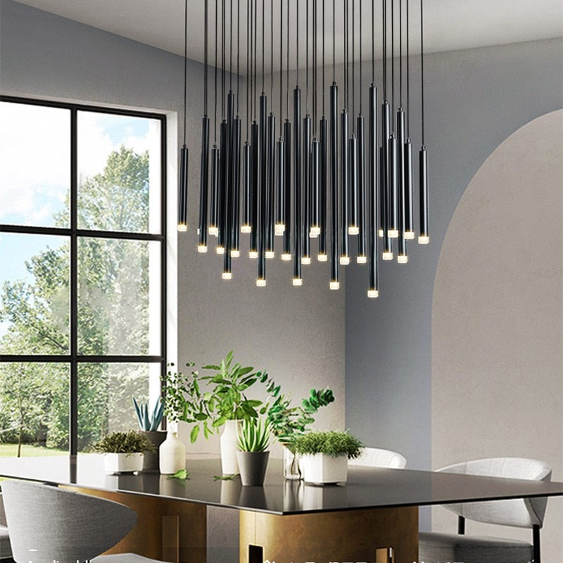 Modern Gold/Black Led Chandelier Ceiling Long Tube Combination Staircase Lighting Living Room