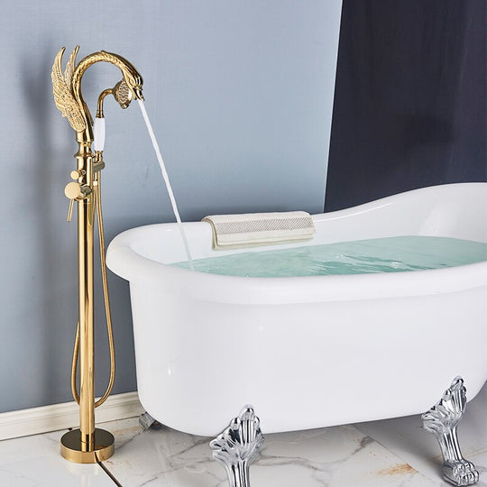 Luxury Golden Bathtub Faucet Swan 2 Features Hot And Cold Floor Standing Shower Faucet Faucets