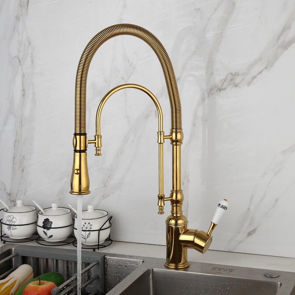 Golden Spring Pull Down Kitchen Sink Faucet Hot & Cold Water Mixer Crane Tap With Dual Spout Deck