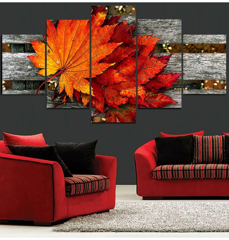 Five - Piece Hd Printed Maple Leaf Canvas Painting: Modern Modular Artwork For Living Room Wall