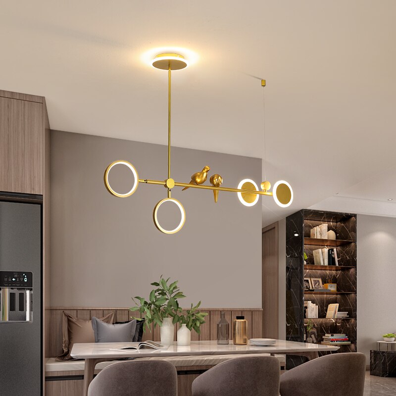 Nordic Light Luxury Golden Ring Bird Led Pendant For Living Room Dining Table And Bar Counter