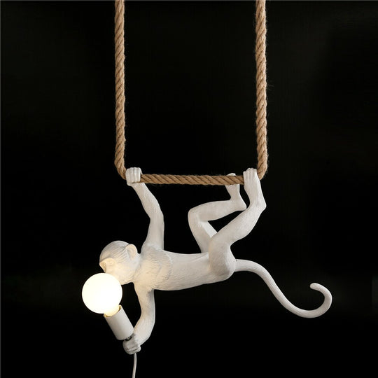 Hemp Rope Monkey Lamp For Living Room Decor - Indoor Pendant Lighting In Black And White Light