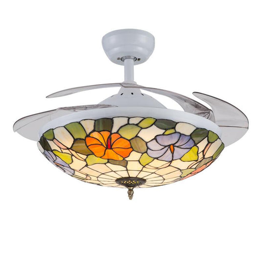 Tiffany - Style Invisible Ceiling Fan Lamp - Retro Mediterranean Design With Remote Control Fans