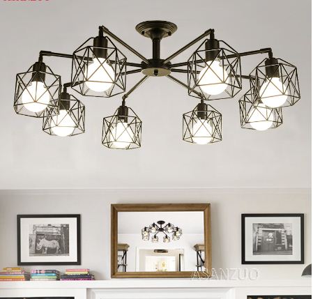 American Black Dendron Iron Cage Ceiling Lamp Kitchen Bedroom Living Room Modern Chandelier