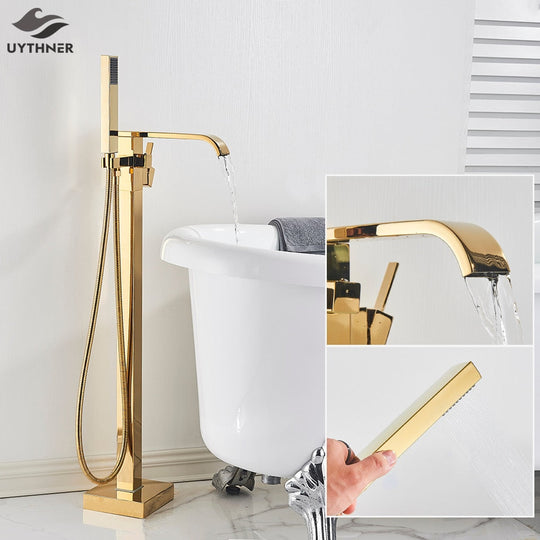 Floor Mounted Bathtub Faucet Set Gold Bath Tub Hot And Cold Water Shower Mixer Tap Waterfall Stand