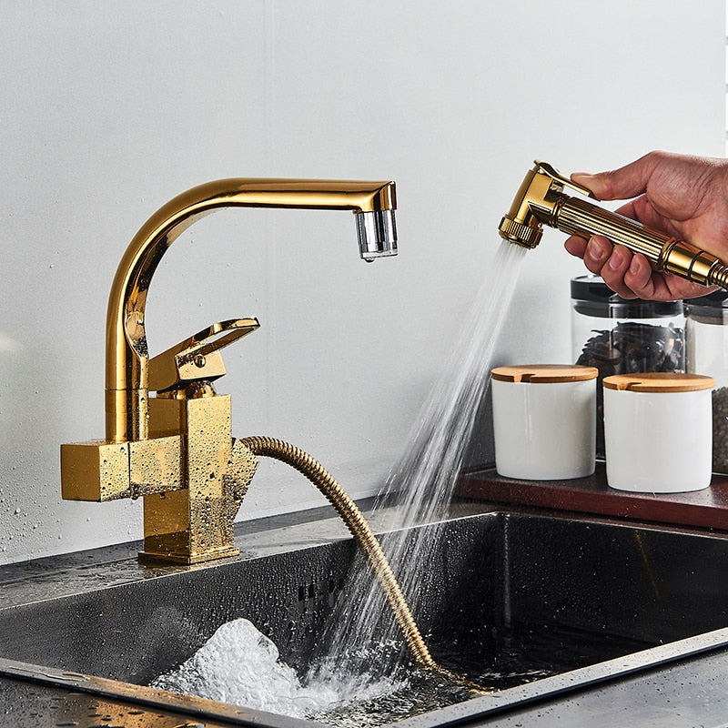 Kitchen Faucet Golden Brass Tap Bathroom Deck Mounted Pull Out Sprayer Gun Led Spout Hot And Cold