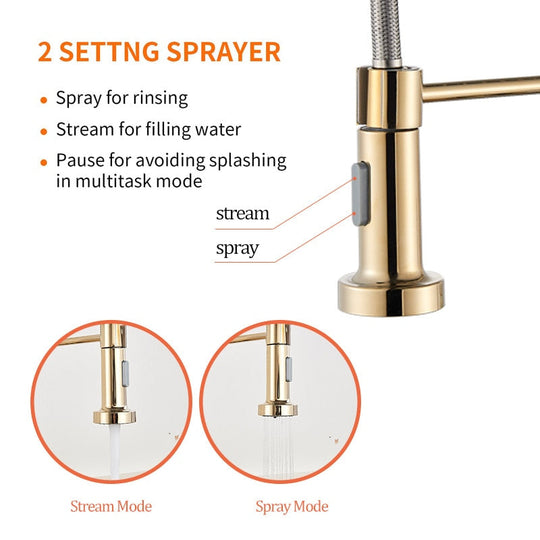 Golden Kitchen Spring Faucet Brass Deck Mount 360 Degree Rotate Stream & Sprayer Nozzle Hot Cold