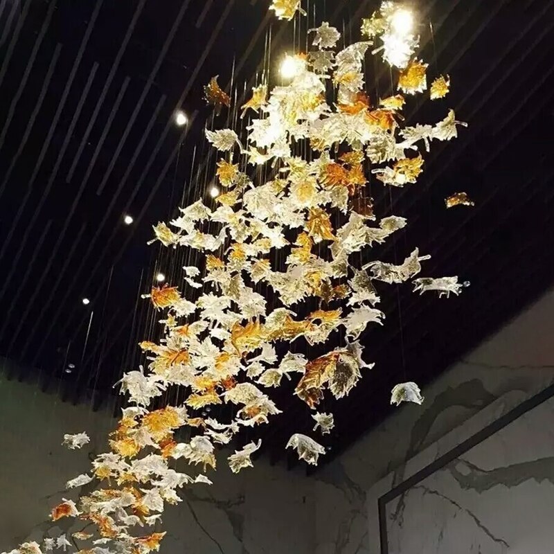 Maple Leaf Hotel Designer Home Ceiling Art Decor Hanging Lamp Luxury Hand Blown Glass Chandelier