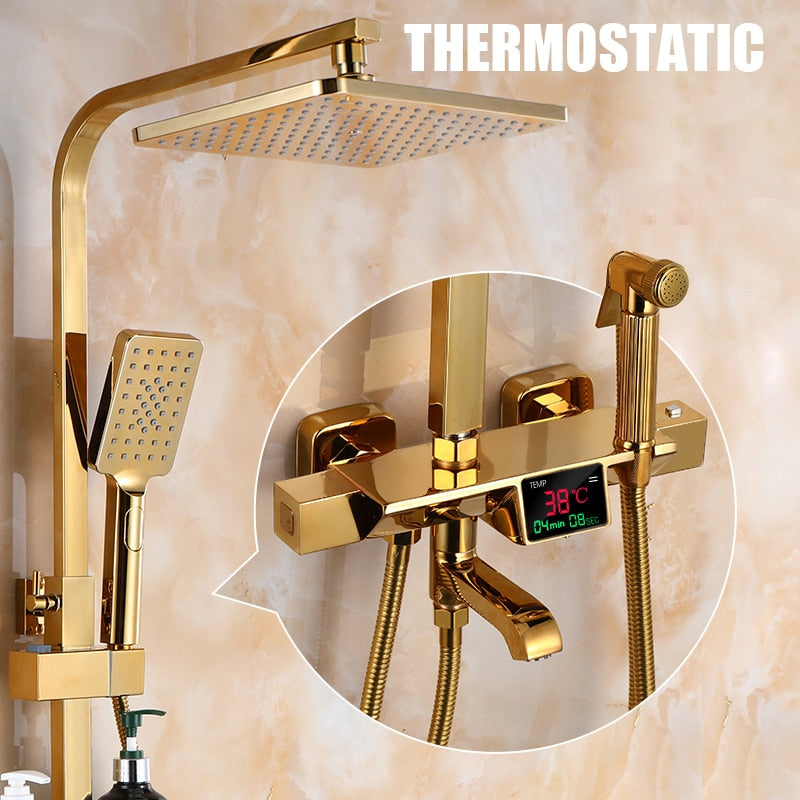 Golden Shower Set Bathroom Smart Digital System Wall Mount Thermostatic Bath Faucet Spa Rainfall