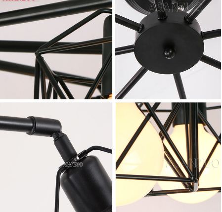 American Black Dendron Iron Cage Ceiling Lamp Kitchen Bedroom Living Room Modern Chandelier